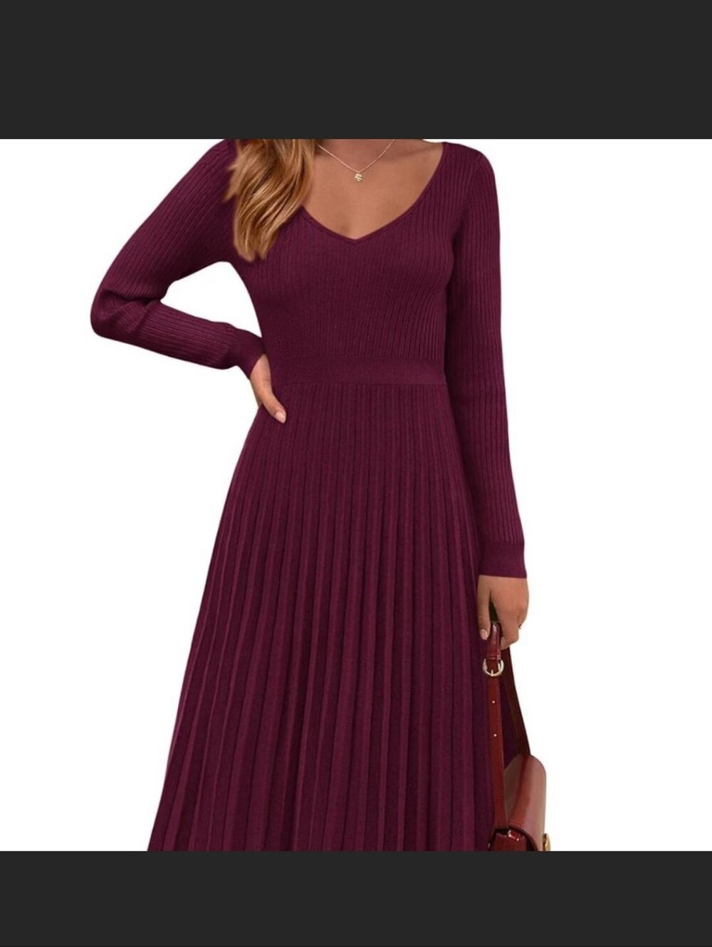 Amazon Women's Long-Sleeve V-Neck Pleated Knit Dress - Plum